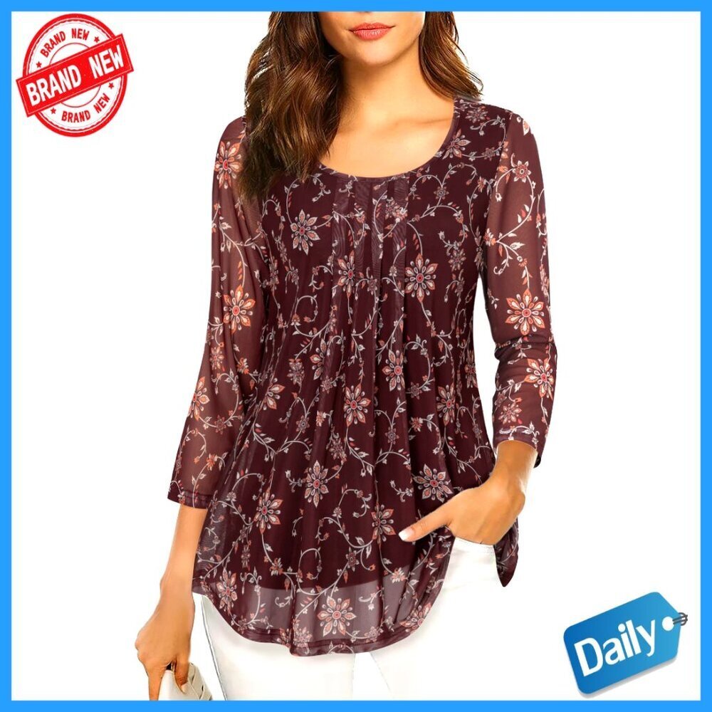 3/4 Sleeve Tunic Top Mesh Pleated Layered Blouse Loose Fit Floral